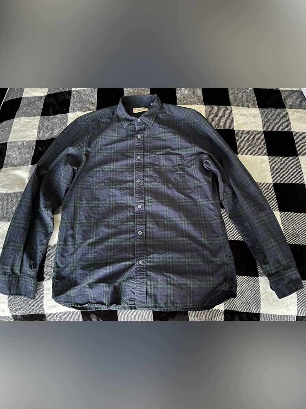 Size Large - Men's Burberry Button Up Navy Blue Green Check Pattern Shirt